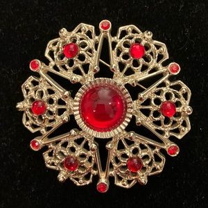 Sarah Coventry Vintage “Serenade” Gold Tone Filigree Red Rhinestone Brooch